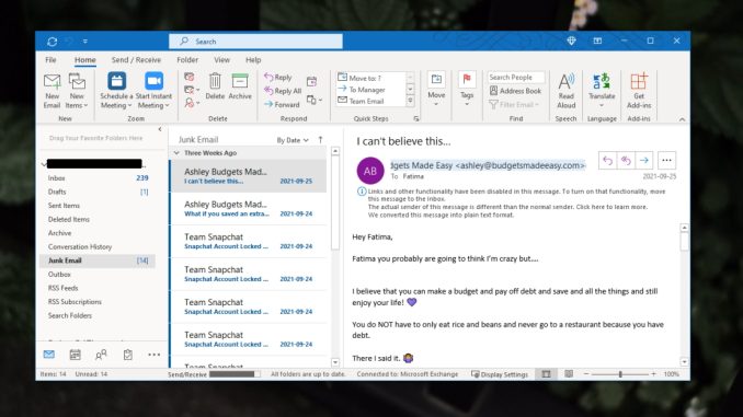 Hur man fixar Outlook fortsätter att skicka e-post till skräppost-