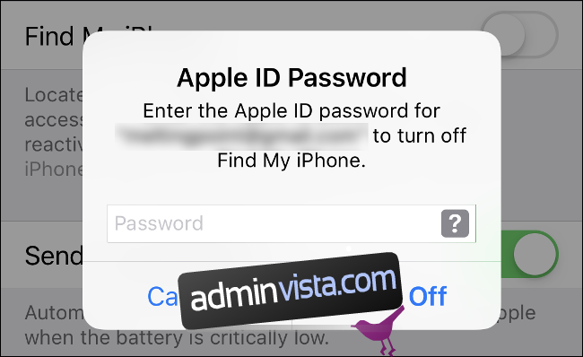 Skriv ditt Apple ID-lösenord för att stänga av 