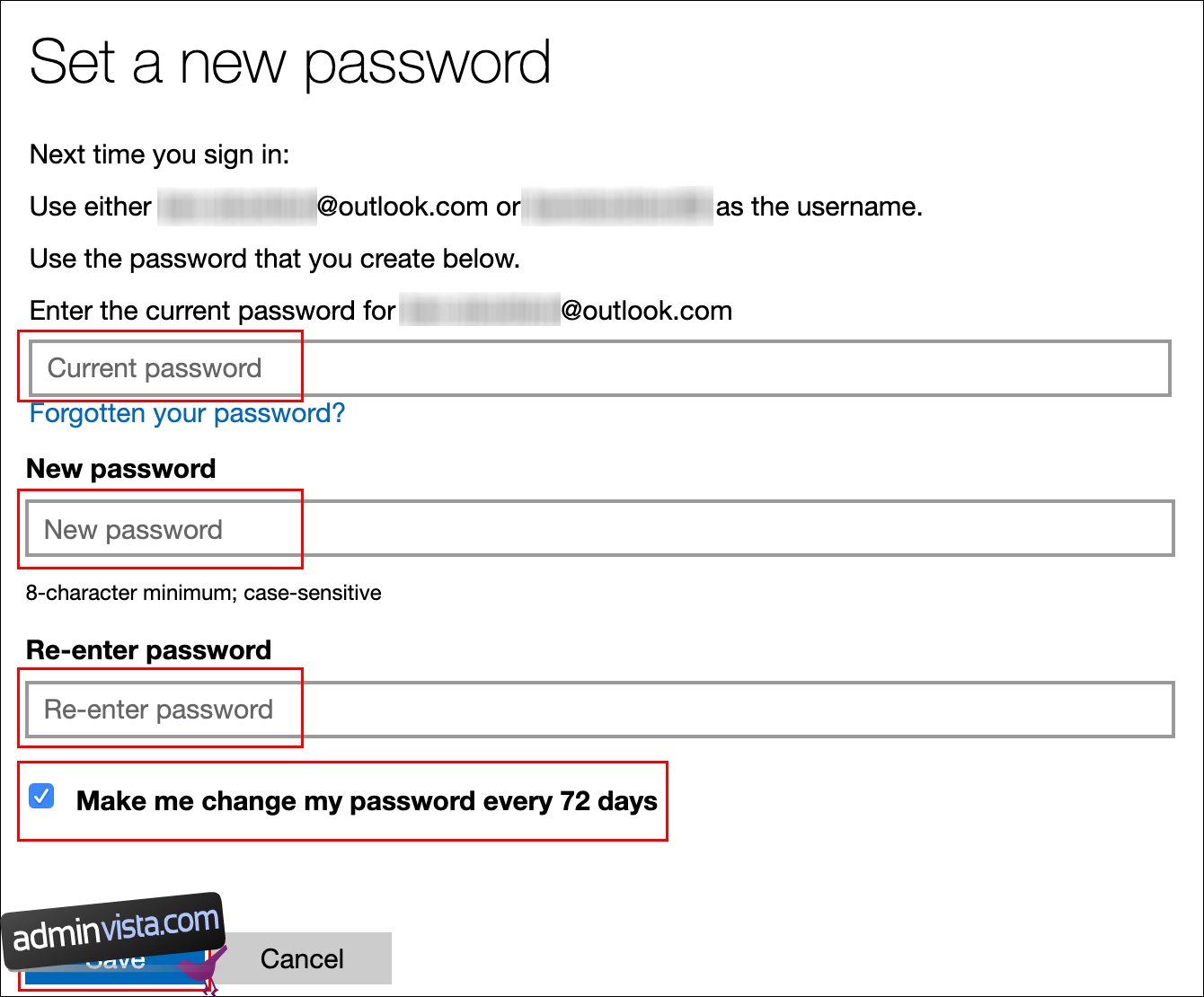 Skriv ditt nuvarande lösenord, skriv ett nytt lösenord, klicka på kryssrutan bredvid 