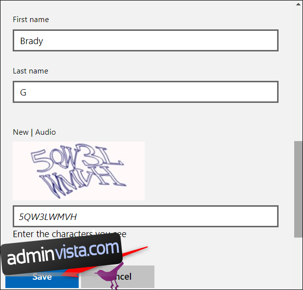 Ange ditt nya namn (för- och efternamn), följt av CAPTCHA-utmaningen.  Klick 