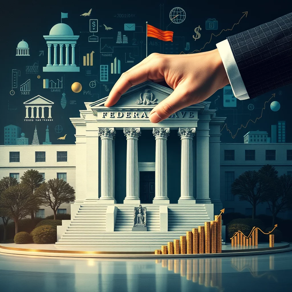 En hand i en kostym som placerar den sista kullen på en modell av Federal Reserve-byggnaden, med en bakgrund av diagram, grafer och symboler relaterade till ekonomi.