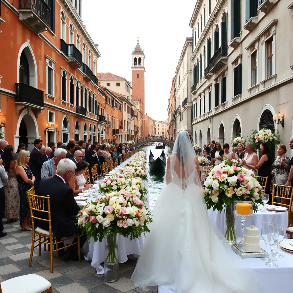 Brud i bröllopsklänning står vänd bort från kameran med ryggen mot en kanal i Venedig. Bakom henne sitter gäster vid ett långt dukat bord längs kanalen, med blomsterarrangemang och en gondol i vattnet.