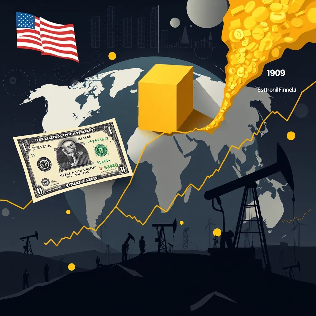 En illustration som visar en gul tredimensionell kub som symboliserar tillväxt över en världskarta. Framför kuben ligger en dollar-sedel. I bakgrunden syns amerikanska flaggan, oljeriggar och en stigande gul linje som indikerar ekonomisk uppgång. Texten "1909 EsttronniFinnelä" är också synlig.