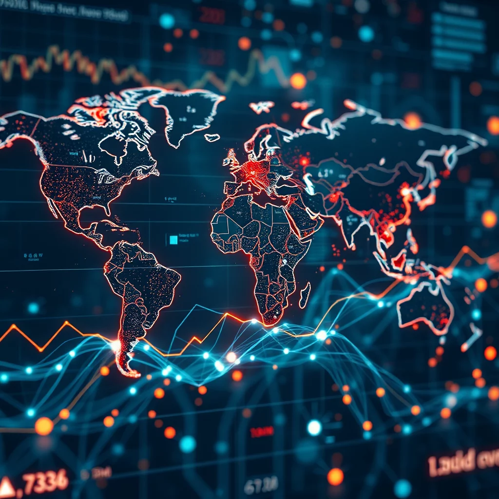 En världskarta med glödande röda gränser över en mörkblå bakgrund med grafer och siffror, vilket antyder finansiell data eller global statistik.