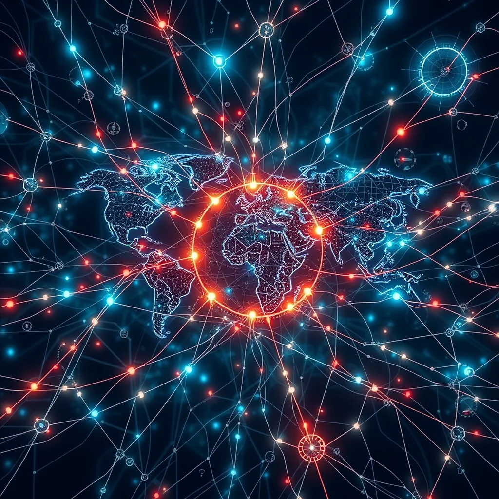 En neonbelyst världskarta med konturer och sammanlänkande linjer som representerar ett digitalt nätverk.