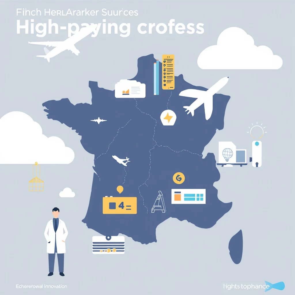 Illustration av Frankrike med flygplan, moln, en forskare, en lista med ikoner och texten "Finch HerlArarker Suurces High-paying crofess".