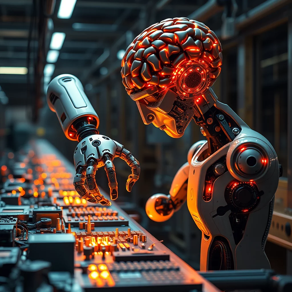 En robot med en hjärnformad topp lyser rött när den tittar ner på en kontrollpanel med många små ljus och knappar.