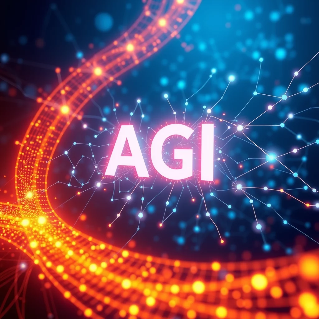 En digital representation av artificiell generell intelligens (AGI), med ordet "AGI" skrivet i stor, vit text över en abstrakt bakgrund av ljuspunkter och linjer som bildar ett nätverk.