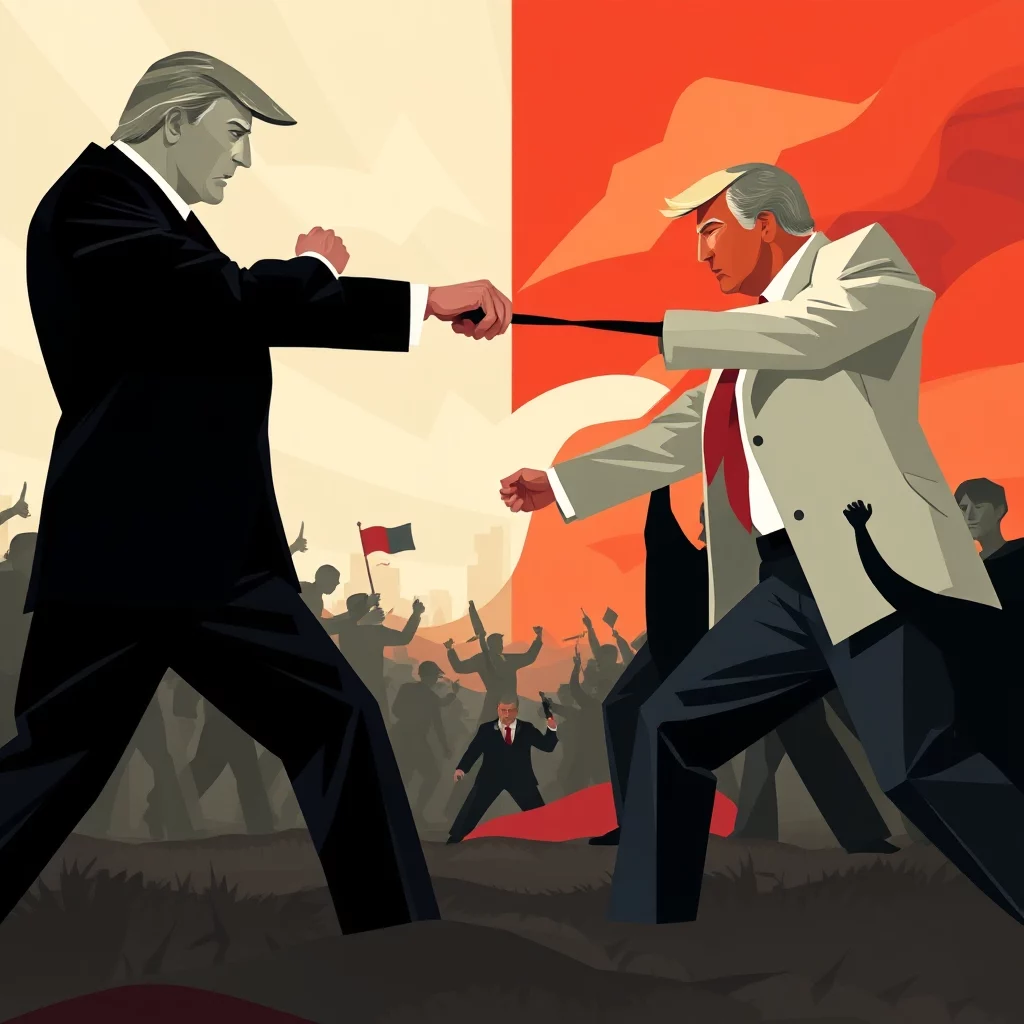Två karikerade figurer av Donald Trump står mot varandra, en i svart kostym och den andra i ljusgrå kavaj, med armarna utsträckta som i en duell. Bakom dem syns en folkmassa med uppsträckta armar och en röd och svart flagga.