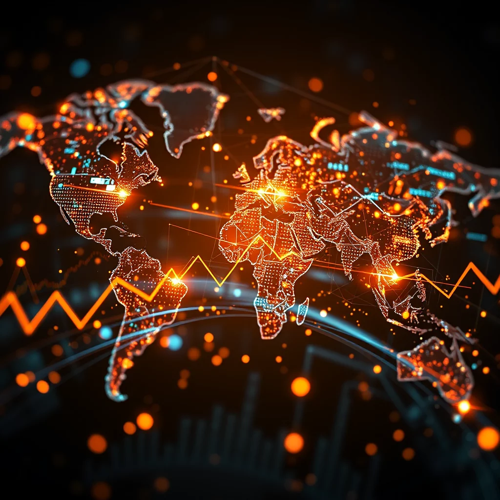 En digitaliserad världskarta i orange glöd mot en mörk bakgrund, med upplysta linjer som representerar globala kopplingar och dataströmmar, samt en diagramlinje som visar ekonomisk tillväxt.