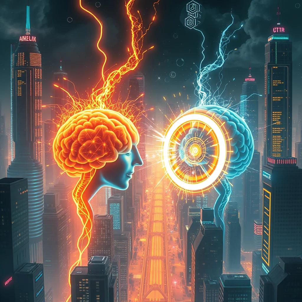 Två gigantiska hjärnor med glödande energi strålar mot varandra över en futuristisk stad. Den vänstra hjärnan är orange och omgiven av flammande energistrålar, medan den högra är blåaktig och har en lysande, cirkulär struktur i mitten.