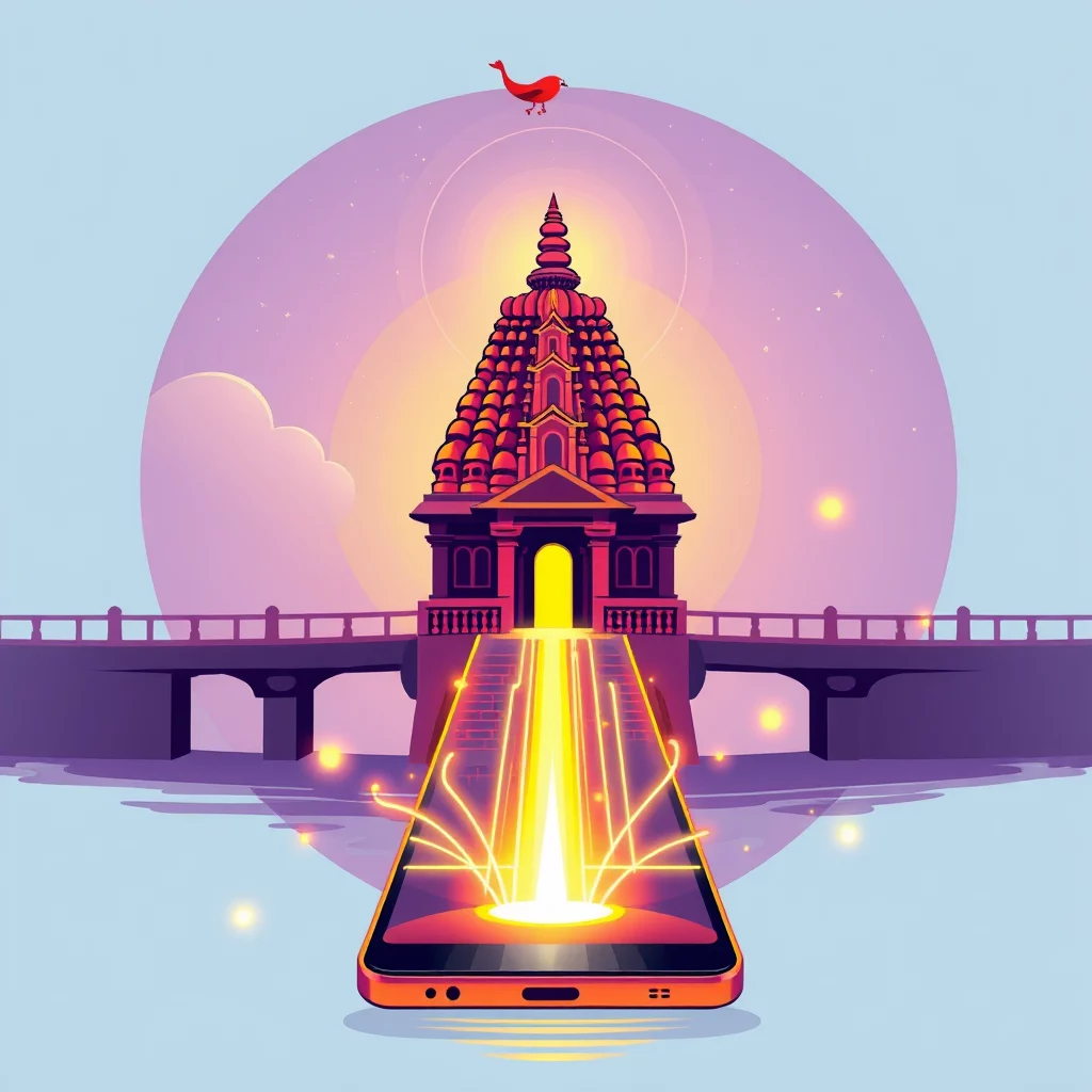 En illustration i tecknad stil av ett tempel med en bro och en smartphone framför. Ett ljus strålar ut från telefonen och uppför trappan till templet, och en liten röd fågel sitter ovanpå templet.