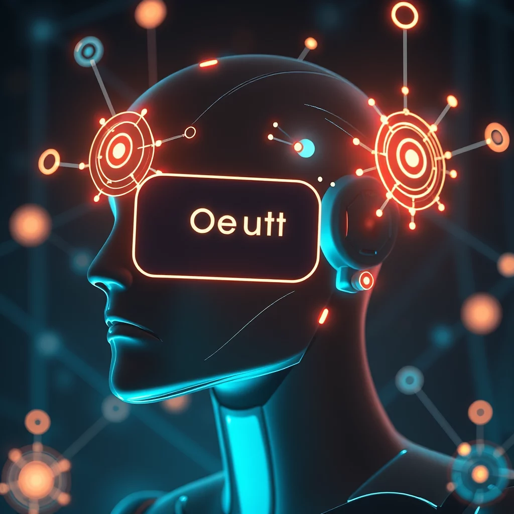 En mörk, futuristisk robotmänniska med lysande blå accenter och lysande röda kretsar som omger dess huvud. En rektangulär skärm på robotens ansikte visar texten "Oe utt".