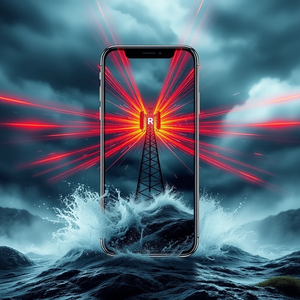 En smartphone visas vertikalt framför en stormig havsscen. Inne i telefonens skärm syns ett kraftfullt telekommunikationstorn med en blinkande "R"-symbol, omgivet av utstrålande röda ljusstrålar. Vågor slår upp mot telefonens nedre del, och himlen bakom är mörk och dramatisk med moln och fler ljusstrålar som sträcker sig utåt.