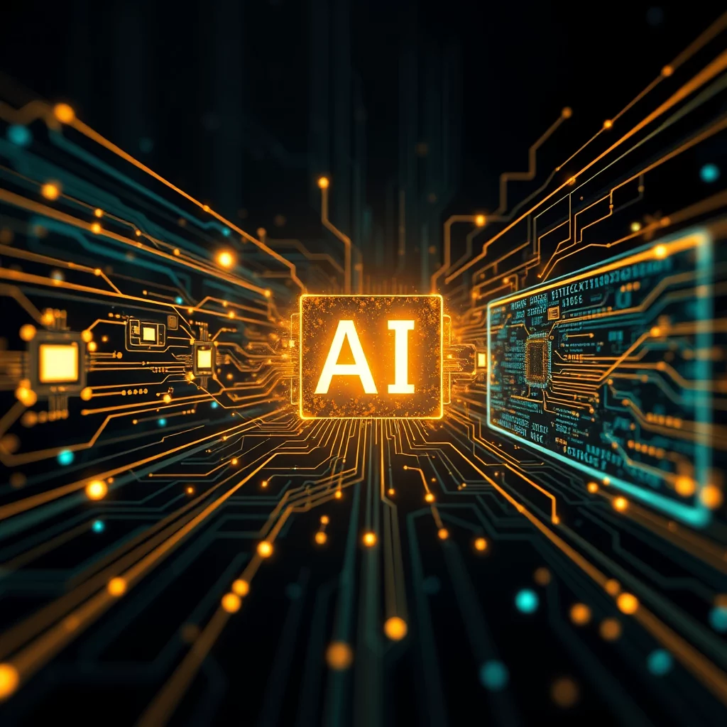 En närbild av ett AI-chip omgivet av blinkande kretskortslinjer.