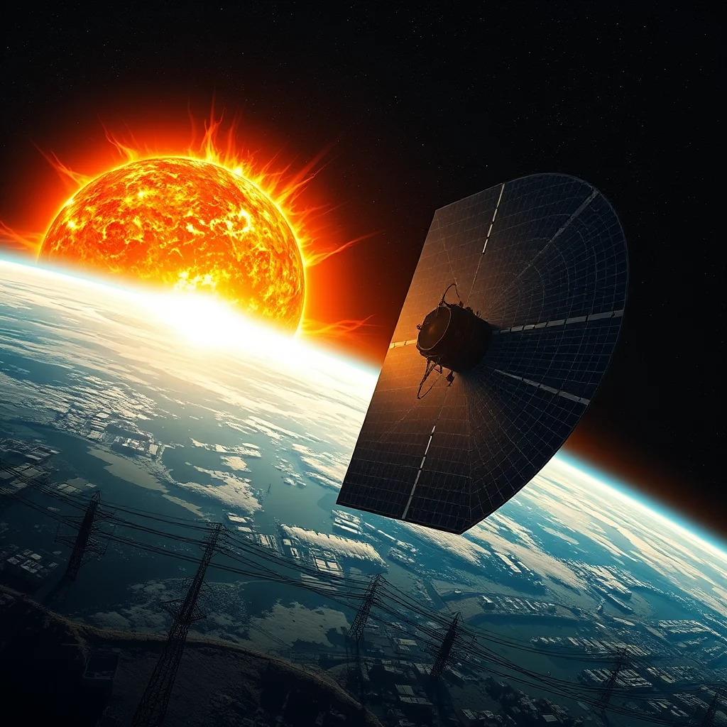 En satellit med en stor solpanel svävar i rymden ovanför jorden, med solen lysande i bakgrunden.