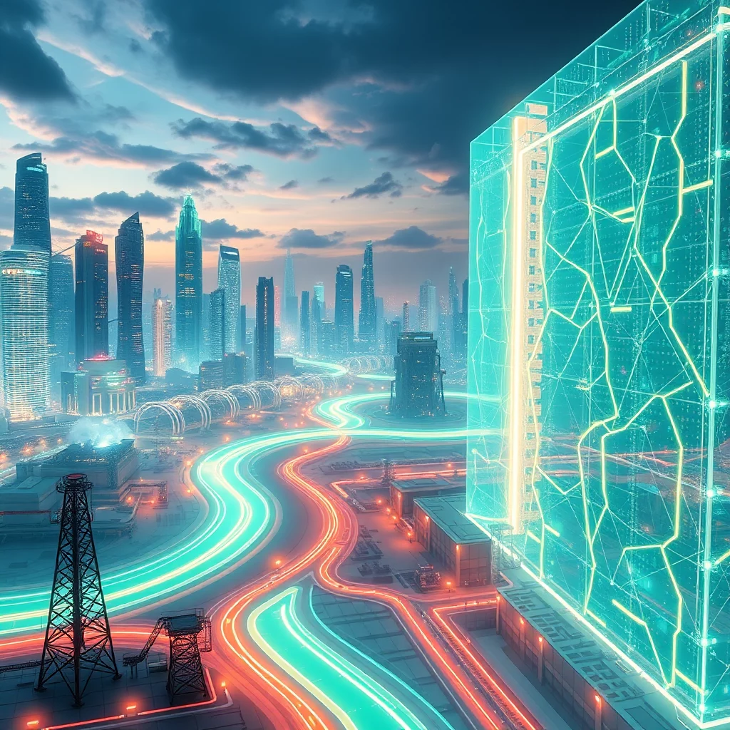 En futuristisk stadsscen med neonupplysta vägar och skyskrapor, med ett gigantiskt, genomskinligt digitalt block till höger.