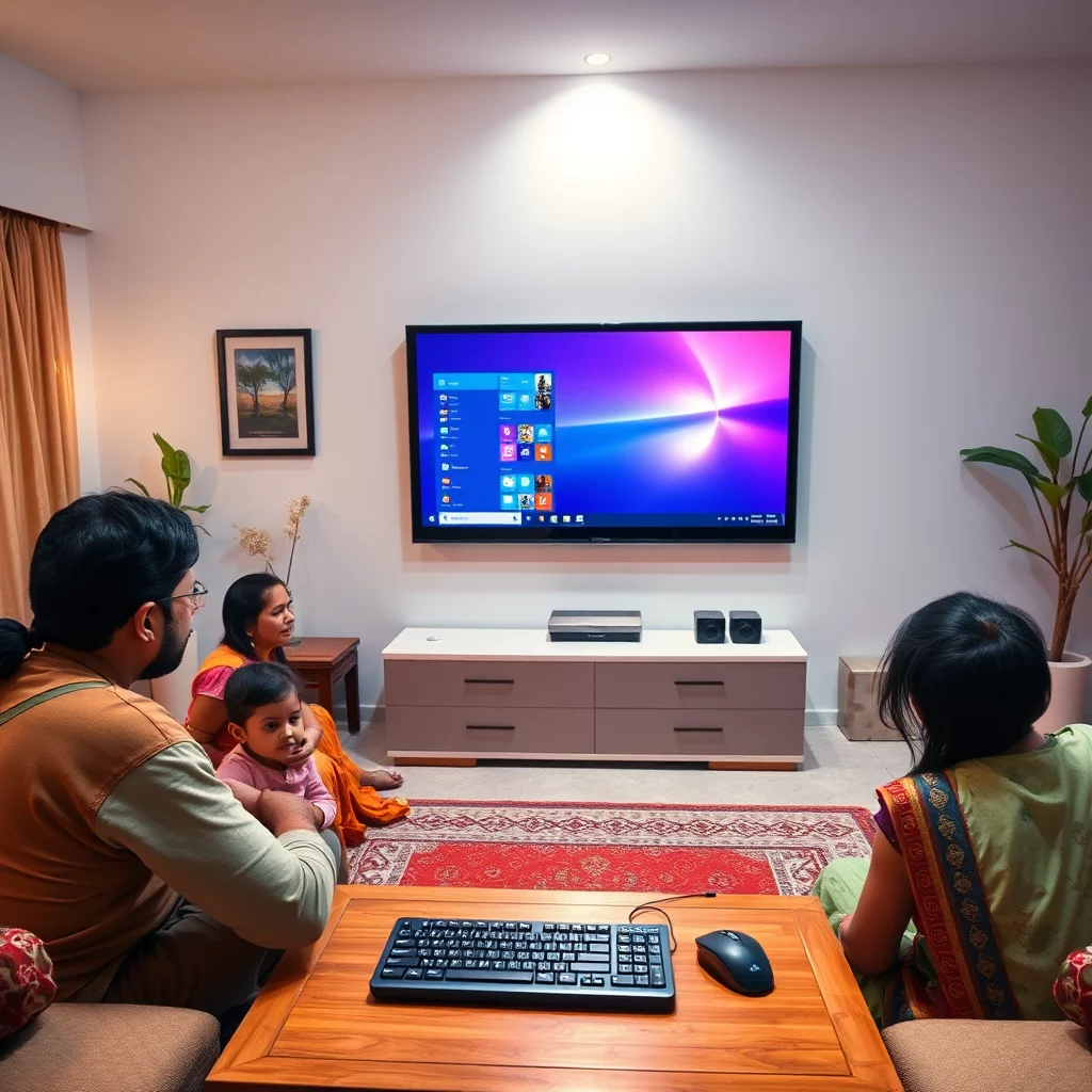 En familj på fyra sitter i ett vardagsrum och tittar på en stor TV som visar Windows-skrivbordet.
