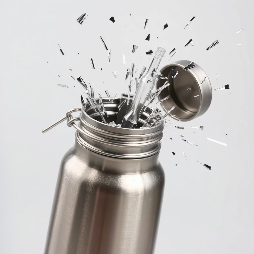 En trasig glasflaska som spricker ur en metallbehållare