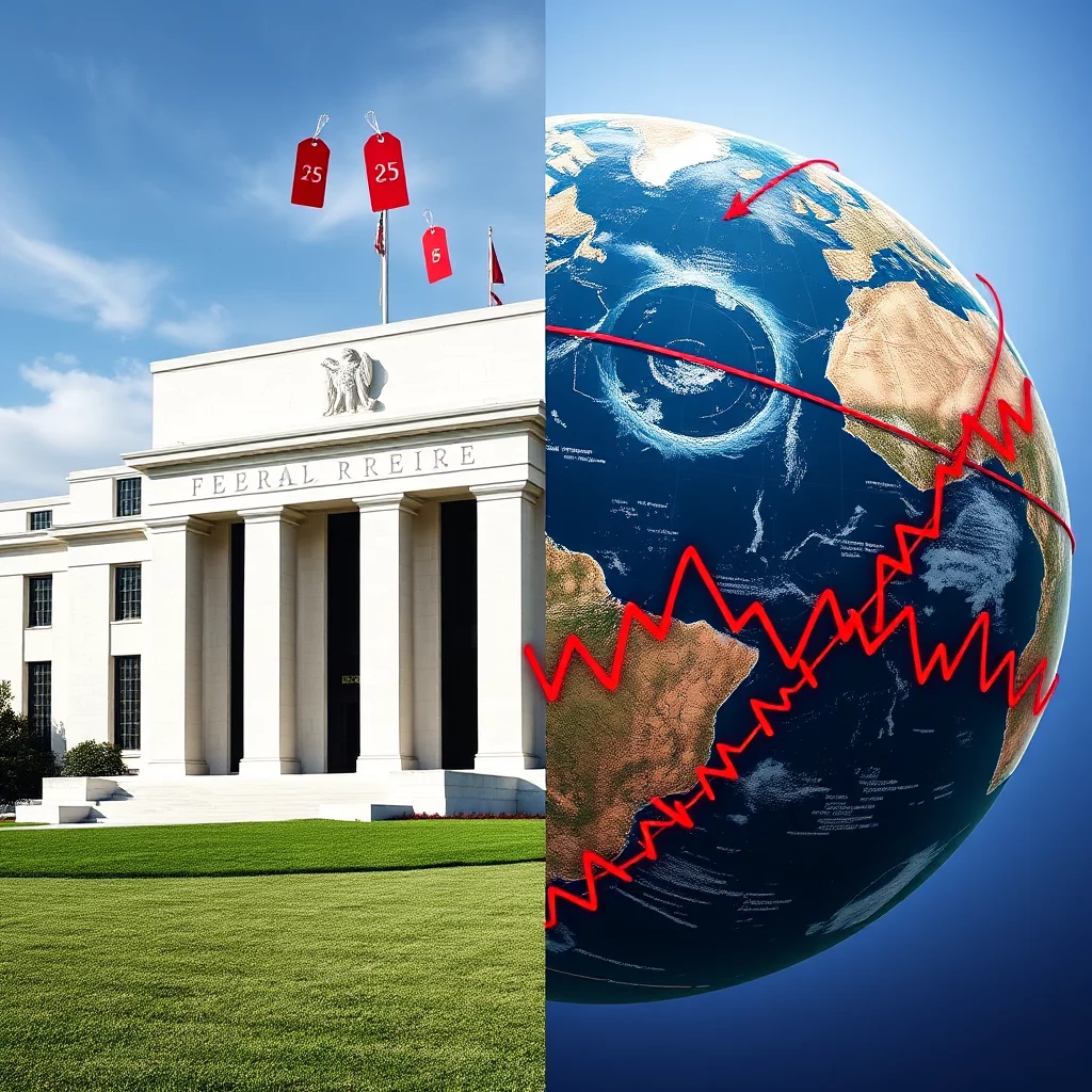 Denna bild visar Federal Reserve Building till vänster och en jordglob med en röd graf som representerar ekonomisk nedgång till höger.