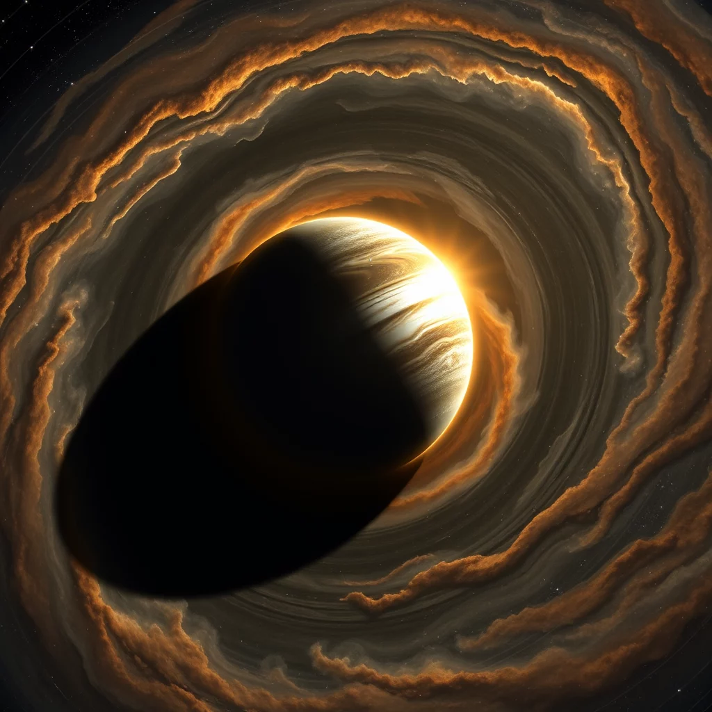 En planet med lysande orange atmosfär innesluten i en virvlande nebulosa.
