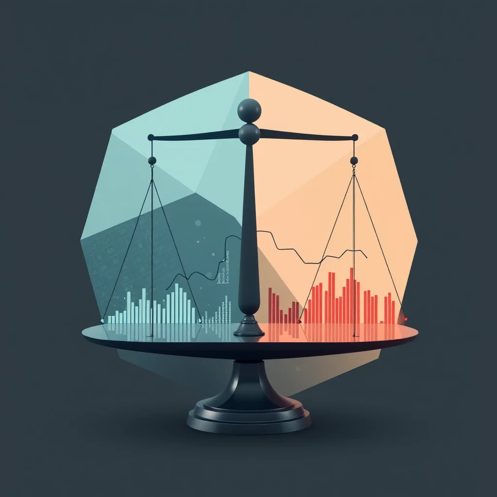 En illustration av en balansvåg där den ena sidan är täckt av blå stapeldiagram och linjediagram med en bakgrund av geometriska former i ljusblått. Den andra sidan är täckt av röda stapeldiagram och linjediagram med en bakgrund av geometriska former i orange.