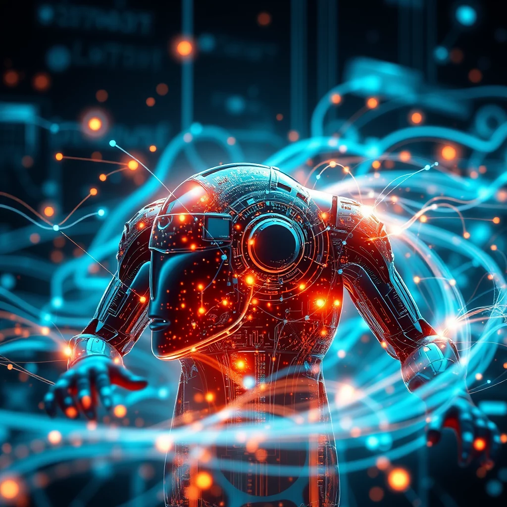 En detaljerad, 3D-rendering av en futuristisk robot med ett stiliserat ansikte och en komplex kropp prydd med glödande kretskort och pulserande orange ljus. Roboten är omgiven av virvlande neonblå linjer och prickar, vilket skapar en känsla av energi och rörelse.
