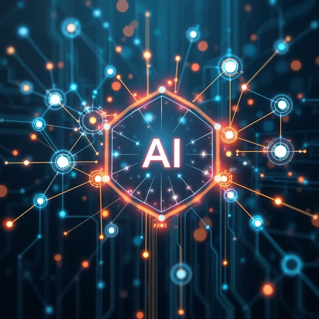 En stiliserad bild av texten "AI" inuti en sexkantig sköld med glödande linjer och punkter som representerar ett nätverk eller kretskort.