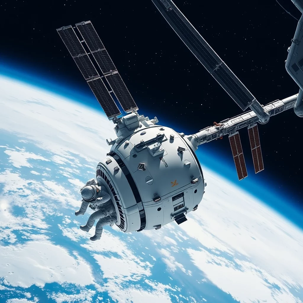 En astronaut i en rymddräkt som svävar framför en rymdstation med jorden och en blå och vit molnig atmosfär i bakgrunden.