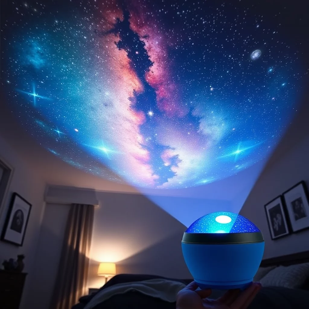 En blå stjärnprojektor som projicerar ett blått och rosa galaxmönster med stjärnor på ett tak.