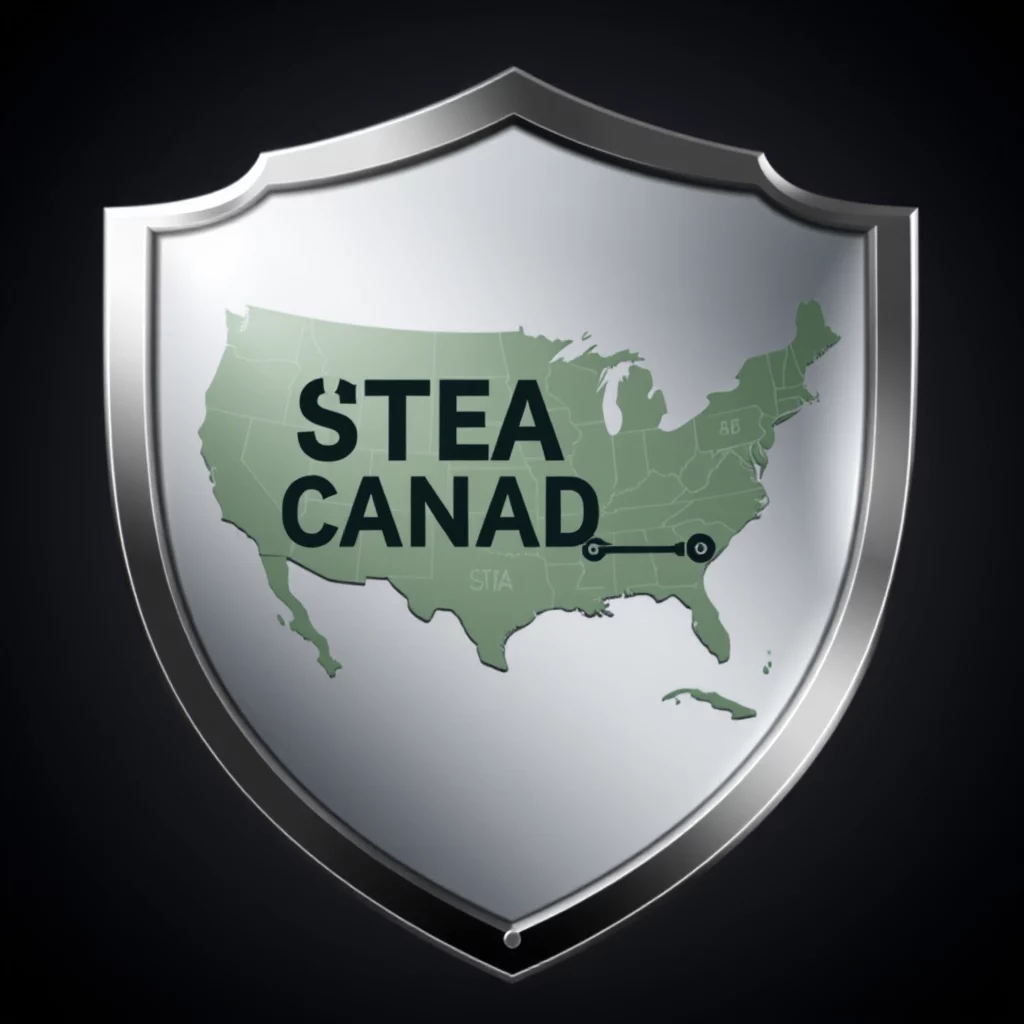 En vapensköld med en karta över USA i grönt. Över kartan står texten "STEA CANAD".