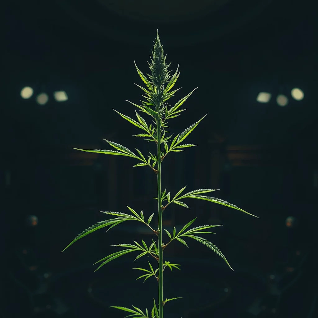 En cannabisplanta med sina karaktäristiska blad mot en mörk bakgrund med ljusglimtar.