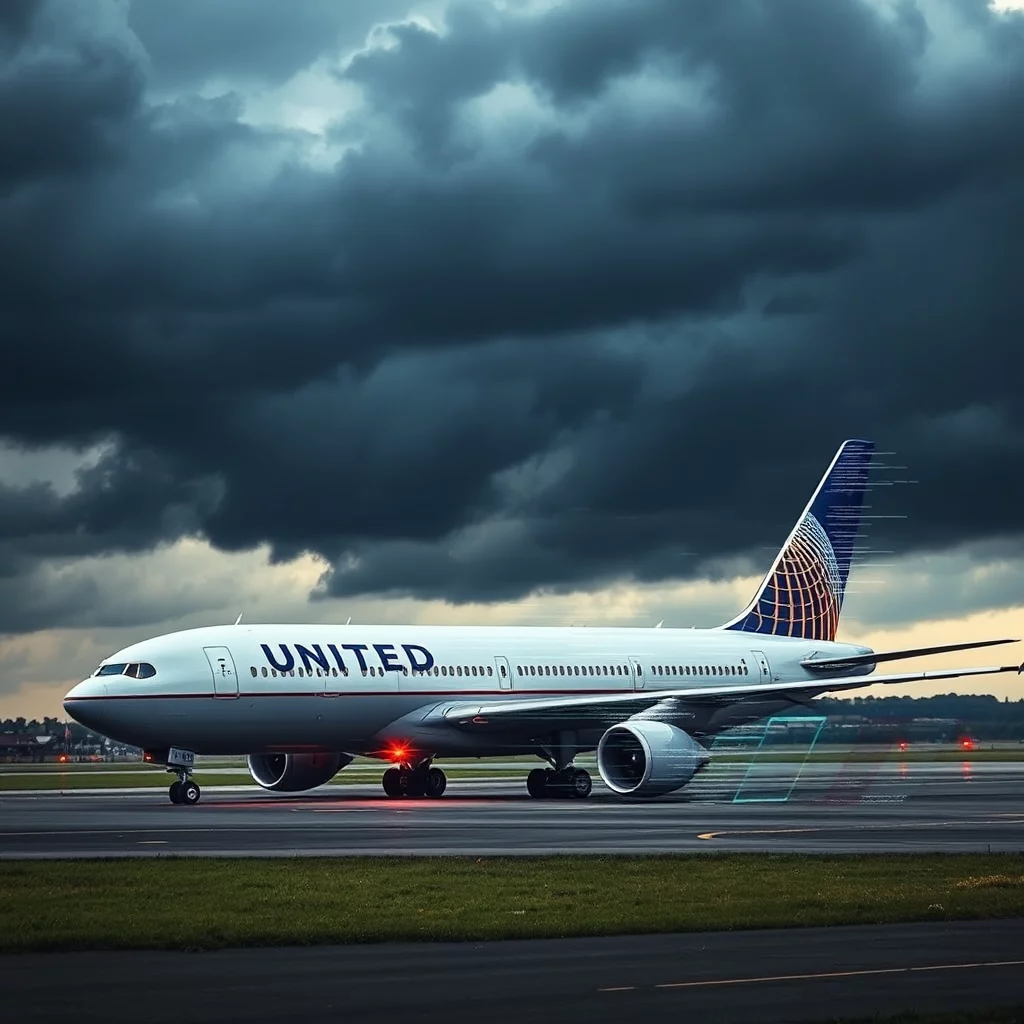 En United Airlines Boeing 777 står på en regnig bana med en mörk, stormig himmel i bakgrunden.