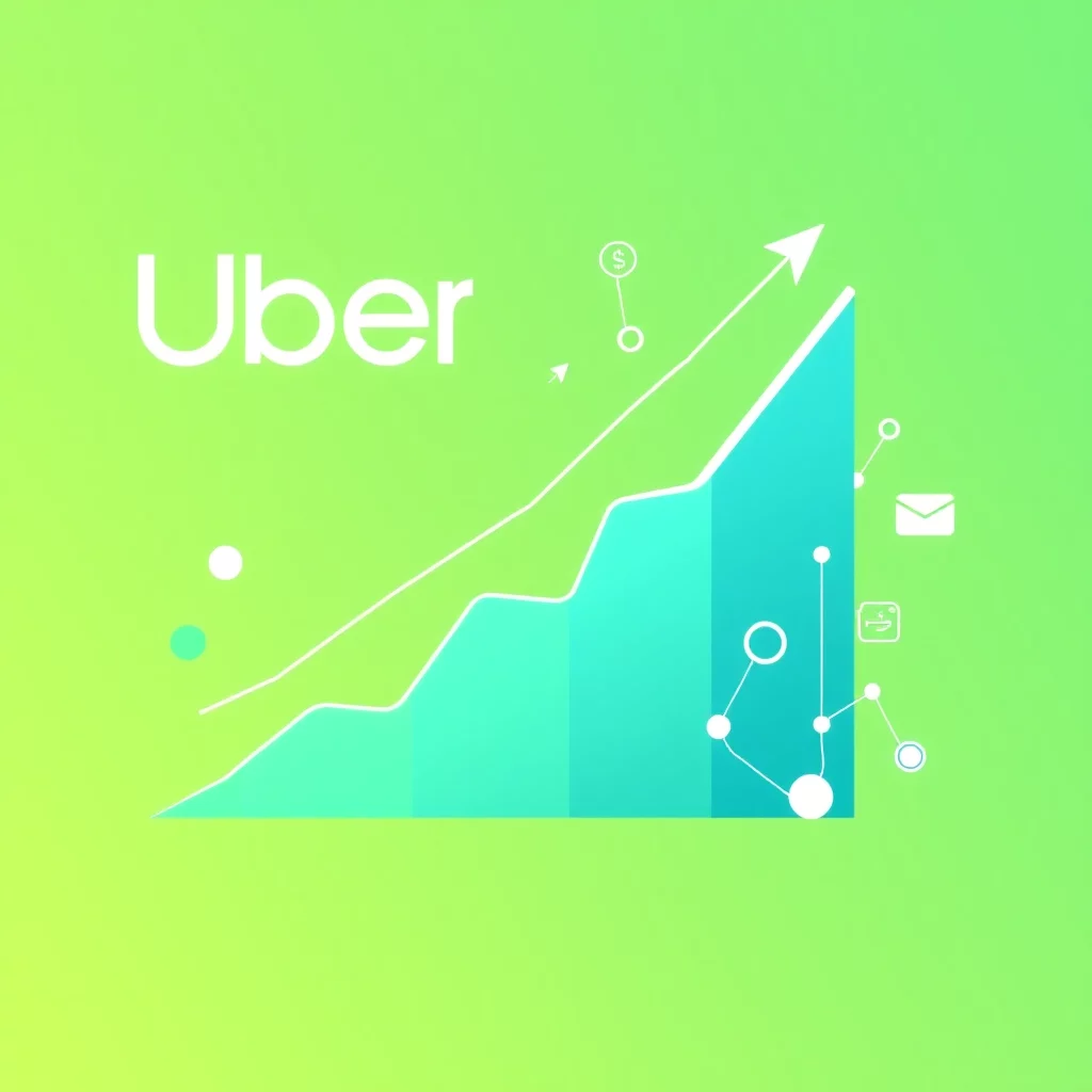 Uber-logotypen med en vit, stigande graf som visar ekonomisk tillväxt, mot en bakgrund av ljusgrön och turkos gradient.