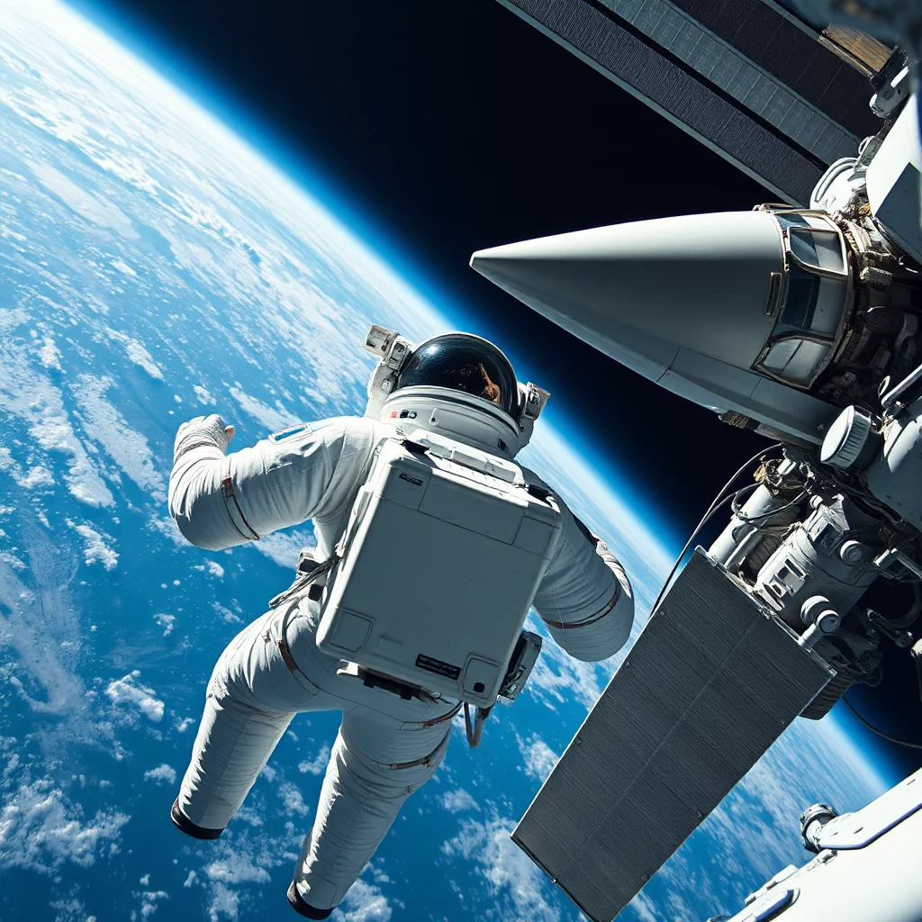 En astronaut svävar i rymden bredvid en rymdstation med jorden synlig under.