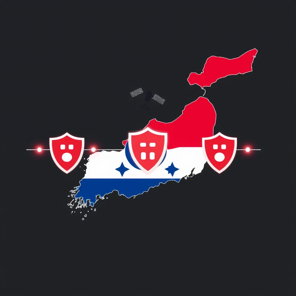 En karta av Panama, färgad i sitt flaggans färger, röd, vit och blå. Kartan är belägen på en svart bakgrund. Tre röda sköldar med ett leende ansikte, två likadana, finns på kartan, med en blinkande punkt på vardera sida av sköldarna. En satellit är synlig i luften ovanför den röda delen av kartan.